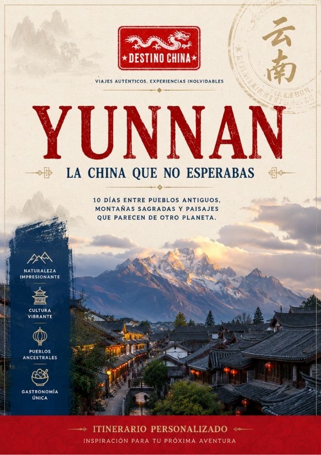 Diseño portada de itinerario con foto de Yunnan al fondo y letras encima